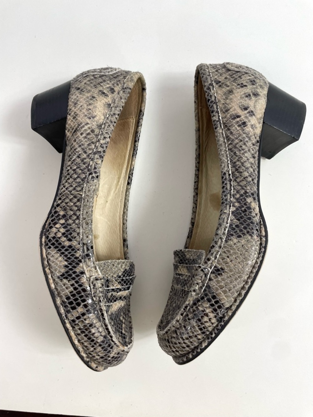 MICHAEL Michael Kors Snake-Print Low Block Heel Loafers in Gray and Black